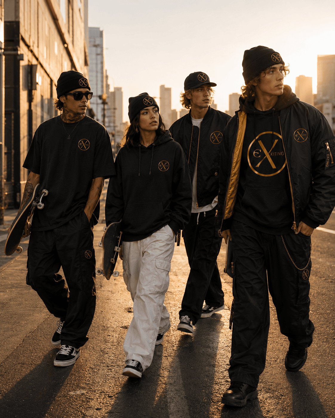 EXITIING — crew of four in black and gold streetwear walking city street