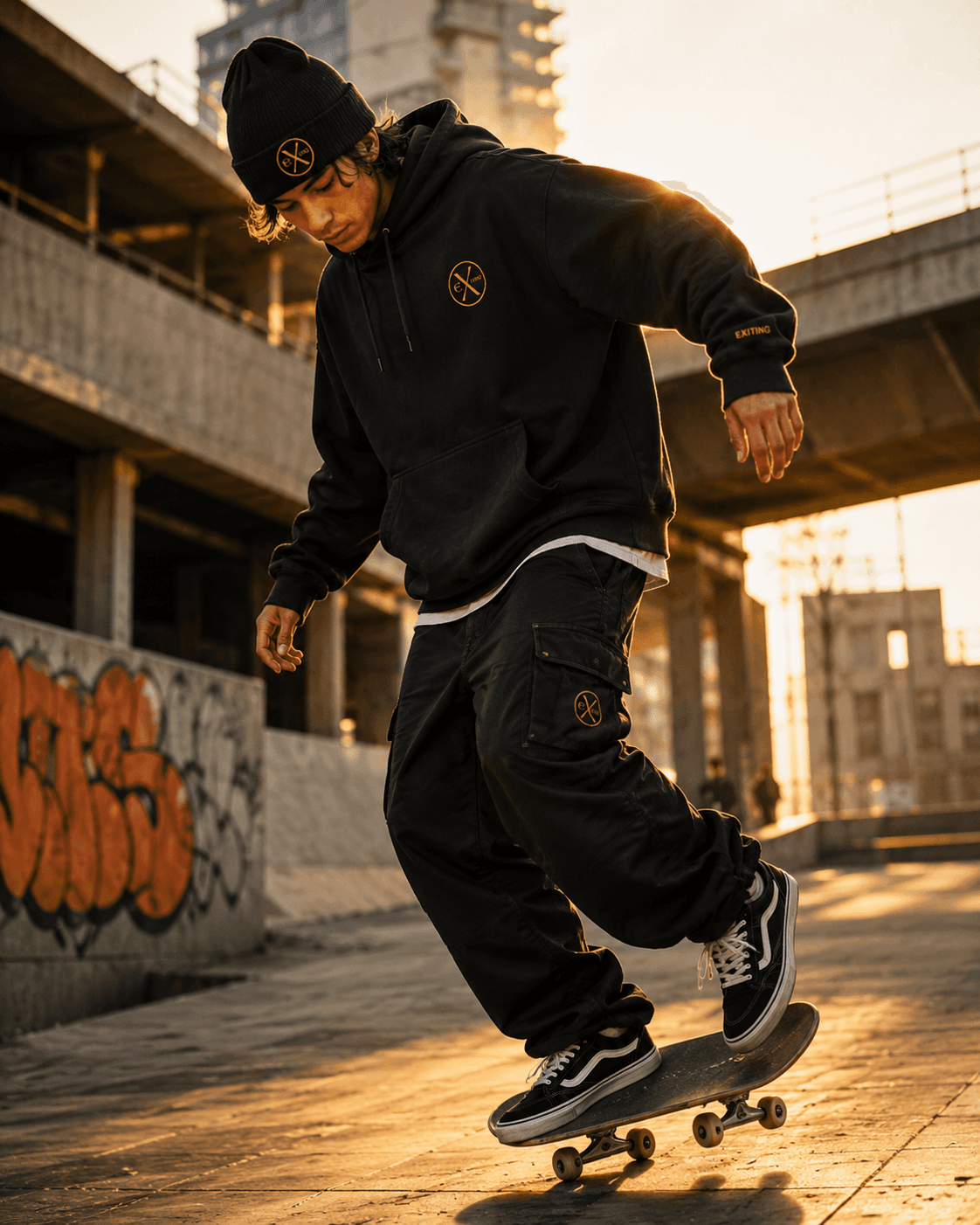 EXITIING — skater in black hoodie at golden hour urban environment
