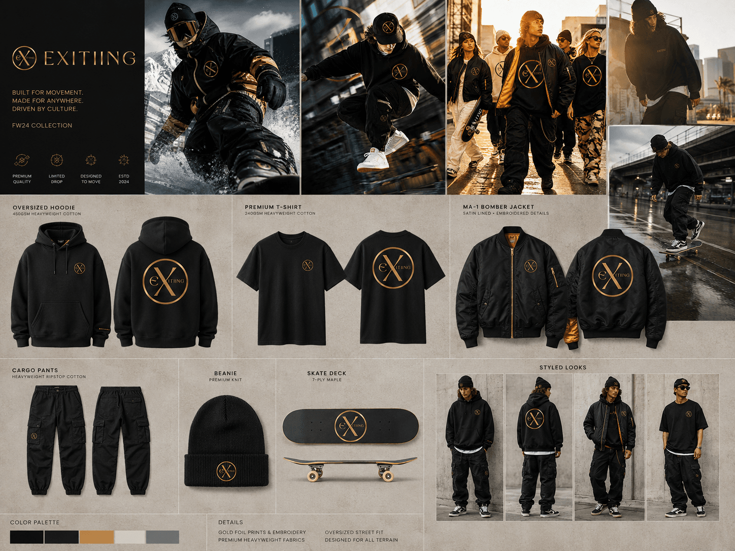 EXITIING DROP 001 Genesis — full product moodboard showing hoodie, tee, bomber, cargo pants, beanie, skate deck